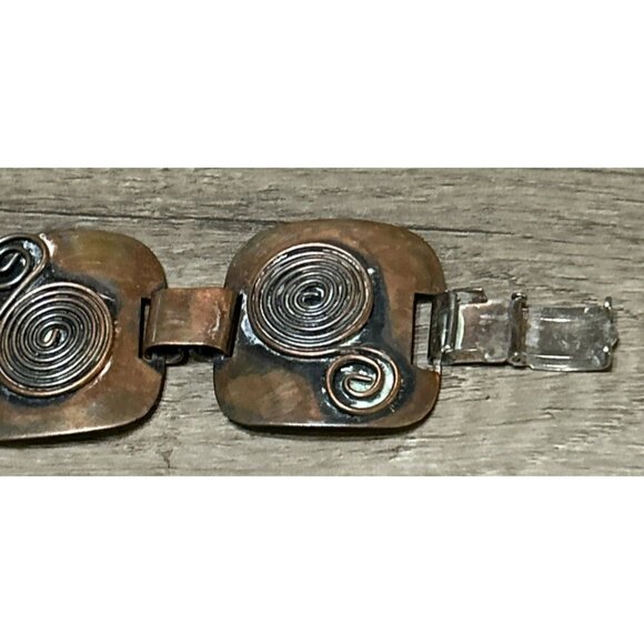Vintage Solid Copper Modernist Retro Panel SWIRLS Link Bracelet - Picture 4 of 5